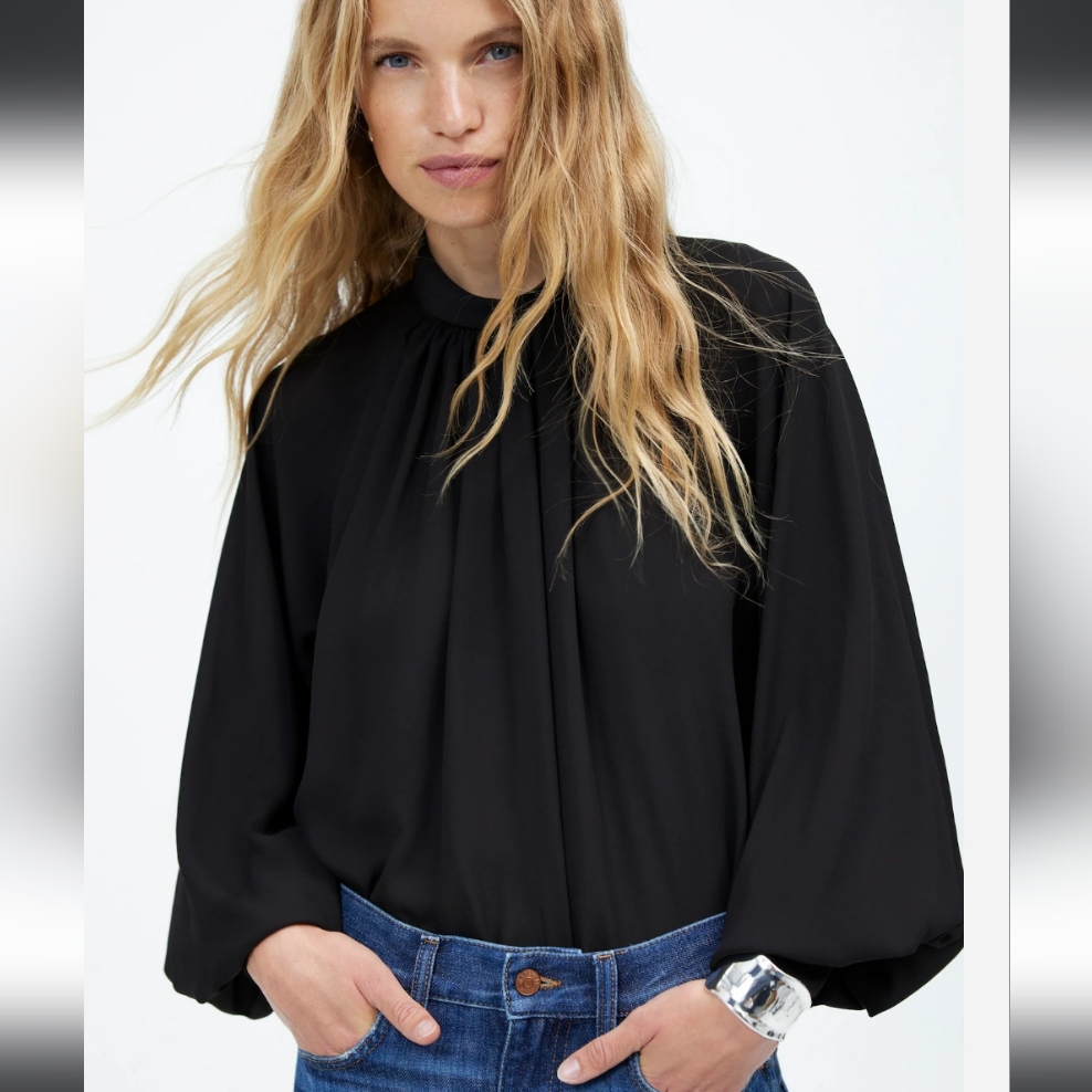 Madewell Black Chiffon Turtleneck Bishop Balloon Pleated Sleeve Blouse Top Xxs